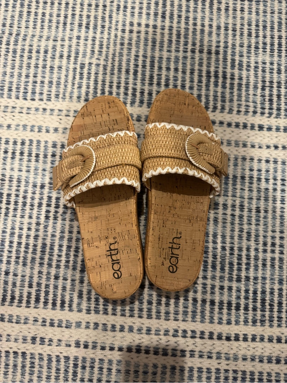 Earth Women's Tan Cork platform Slide raffia Sandals with White Trim